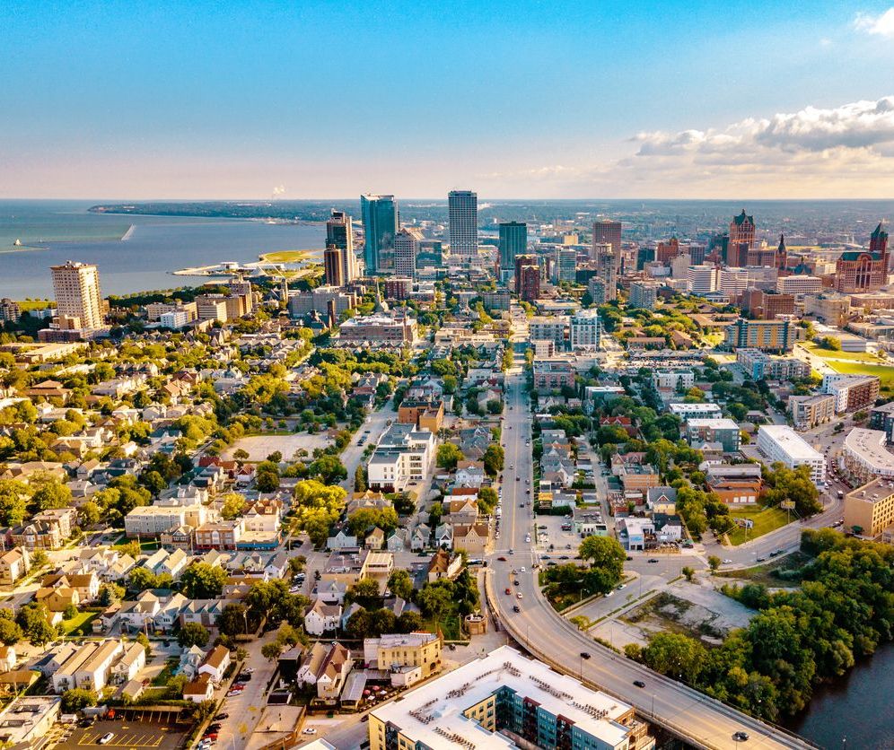 Aerial view overlooking Milwaukee, WI skyline.
